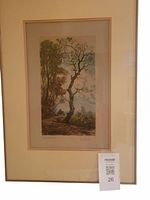 Framed original watercolor painting with visible matted border and some discoloration on the matte. Shows natural tree scene with varied colors and small structure in background.