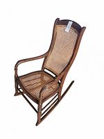 Full view of Bentley rocking chair showing wooden frame and caned seat and backrest, curves and armrests.