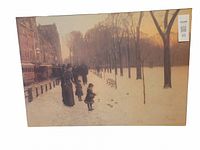 Laminated poster print showing a vintage winter street scene with people walking along a snowy street lined with bare trees, muted sepia tones.