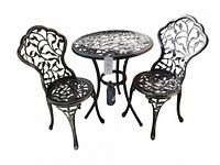 Photo showing one black antiqued metal round table and two matching chairs with detailed leaf patterns.