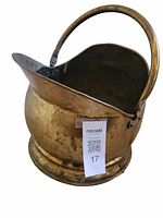 Solid brass coal bin with handle, wide spout opening, viewed from side angle