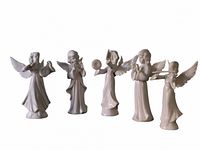 Photo of five white ceramic angels each in a different musical pose