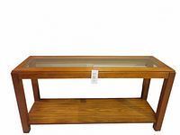 Full front view of the oak sofa table showing the glass top insert and lower wooden shelf.