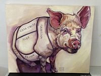 Front view of oil painting on canvas depicting pig with labeled meat cuts.