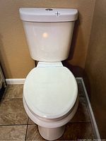 Front view of white Glacier Bay toilet with push button flush on top of the tank.