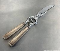 Full view of the poultry shears showing silver handles and curved blade.