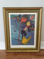 Full view of framed mid century print of skier in action among red flags, signed and titled by William Winters.