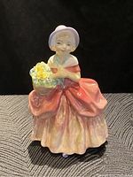 Front view of Royal Doulton "Cissie" figurine showing detailed dress and flower basket.