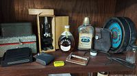Group view of all items on wooden shelf