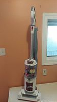 Full view of the Shark upright vacuum cleaner with dust container, handle, and power cord shown.