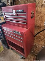 Front view of assembled red Mastercraft tool chest showing overall appearance