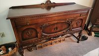 Full view of the antique walnut buffet server showing overall structure and condition