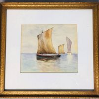 Full view of larger framed watercolor painting depicting three sailboats with brown and purple sails on a calm sea, with gold frame and white mat.