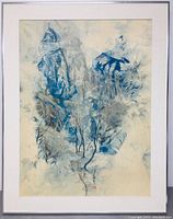 Front view of framed Japanese ink and watercolor artwork on board showing abstract natural imagery in blue, gray, and black tones with beige background.