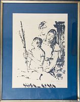 Framed lithograph print featuring a monochrome ink drawing of two figures, sized 23x29 inches with blue mat and metal frame.
