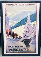 Framed vintage French ski poster reproduction showing skiers on snowy slopes with mountain landscape background.