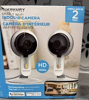 Box showing product branding, model, features such as HD 1080p resolution, compatibility with Google Assistant and Alexa, and a 2-pack indication.