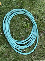 Green garden hose coiled on grass, no visible damage or leaks