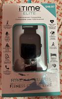 Front view of iTime Elite Fitness Smart Watch in original packaging showing product and features listed on box.