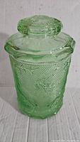 Full view of the green glass canister with matching lid showing the texture and overall shape.