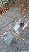 Metal wire live animal trap cage on asphalt ground beside dried leaves. Shows the trap door and internal trigger mechanism.