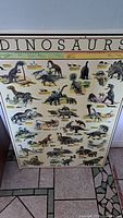 Full view of the wood-mounted dinosaur educational picture showing various dinosaur illustrations and names.