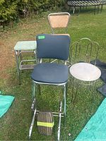 Overview photo showing all four stools/chair on grass outdoors, different seat styles and colors.