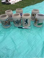 Seven German beer steins displayed on a blue tarp outdoors, each featuring different colorful crests and heraldic designs.