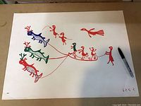 Full view of 1971 Ikajukta Inuit art print showing colorful animals and figures with signed edition number.