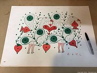 Full view of the 16x22 inch art print of stylized birds and plant forms signed by artist Ikajukta.