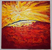 Front view of the textured abstract oil painting showing vibrant sunburst pattern with reds and yellows.