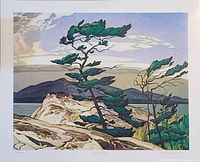 Full view of the art print showing pine trees over rocks with water and mountains in the background.