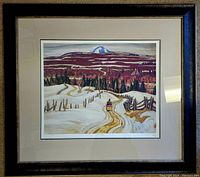 Framed lithograph of winter landscape with road and mountain titled 'Road to Chicoutimi'