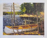 Close view of the art print showing the canoe on a lakeshore with trees, the vibrant colors and brushstroke texture evident.