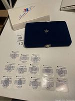 Closed white outer box with Canada 125th logo and blue velvet case with silver maple leaf emblem with certificate cards spread out.