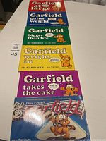Photo showing all 5 Garfield books stacked standing upright on a table, showing titles and cover colors