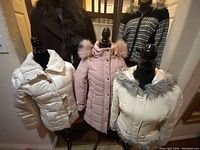 Four ladies winter coats displayed on mannequins, three puffer styles in white, pale pink, and cream with faux fur trim, and one dark brown wool coat with large faux fur collar and belt.