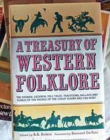 Cover photo of 'A Treasury of Western Folklore' showing title and western themed artwork silhouettes.