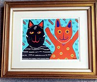 Full view of framed and matted 'Krazy-Kats' print by Sherwood showing two colorful cats against a bright blue background.
