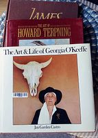 Three hard-cover art books stacked showing titles 'The Art & Life of Georgia O’Keeffe,' 'The Art of Howard Terpning,' and 'James Bama' in a good light with visible wear consistent with good used condition.