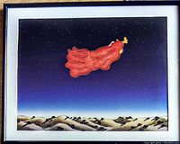 Framed large print of R.C. Gorman's 'Flying Woman' showing a woman flying in a red garment against a starry night sky and desert landscape.