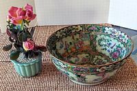 Photo showing the vintage Famille-Rose porcelain bowl with colorful detailed patterns alongside the jade flower tree in its planter.