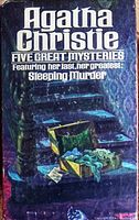 Front cover of one book titled 'Five Great Mysteries' featuring 'Sleeping Murder' by Agatha Christie, with dark blue and green tones and image of an open box with fabrics.