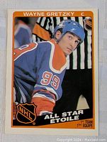 Front side of 1983-84 OPC Wayne Gretzky hockey card showing Gretzky in Edmonton Oilers uniform with helmet. Card indicates All Star 1st Team.