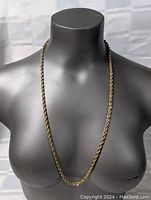 Front view of the full length rope chain necklace displayed on a black mannequin bust showing the twisted rope pattern and gold tone.