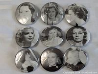 Top-down view of 10 vintage round pins featuring black-and-white photos of female movie starlets.