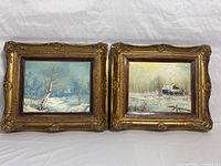 Two framed oil paintings side by side on white backdrop