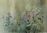 Close-up of painting showing wildflowers and grasses in watercolor, highlighting color palette and brushwork