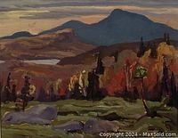 Unframed view of the oil on board painting showing full composition of mountains, lake, and foreground rocks