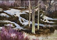 Oil on board painting view without frame showing signature and composition